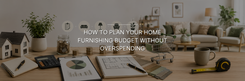 Home furnishing budget planning with a calculator, coins, floor plan, furniture icons, and cozy living room.