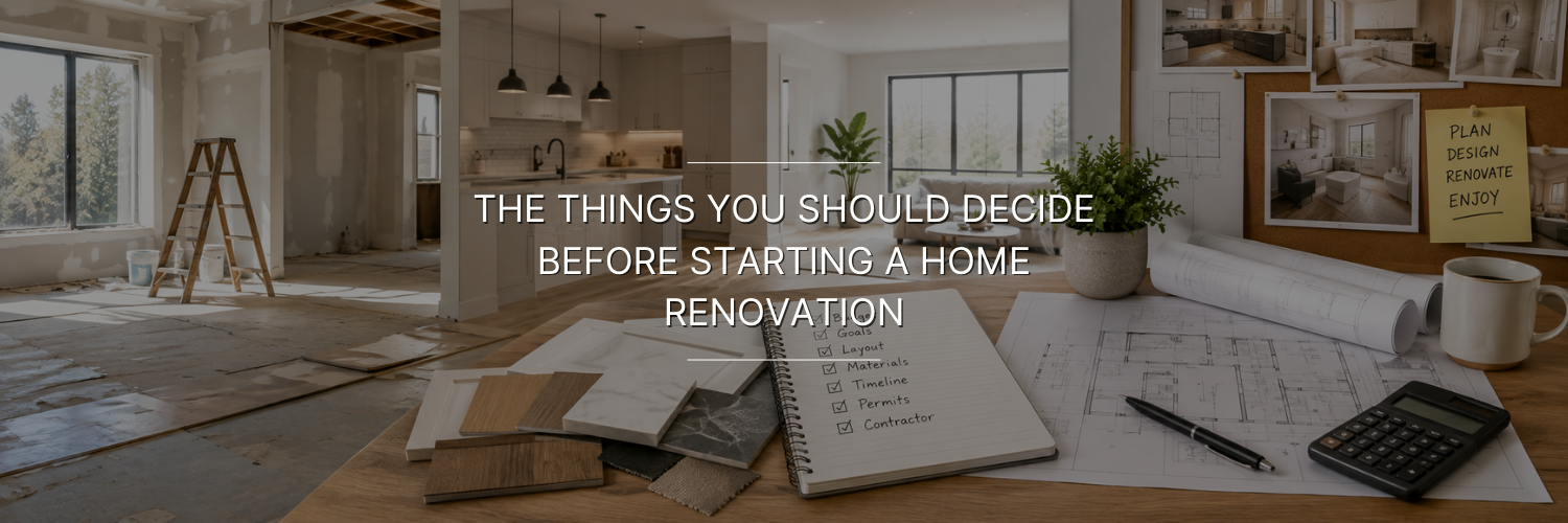 Home renovation planning scene with blueprints, materials, a checklist, and a partially renovated interior.
