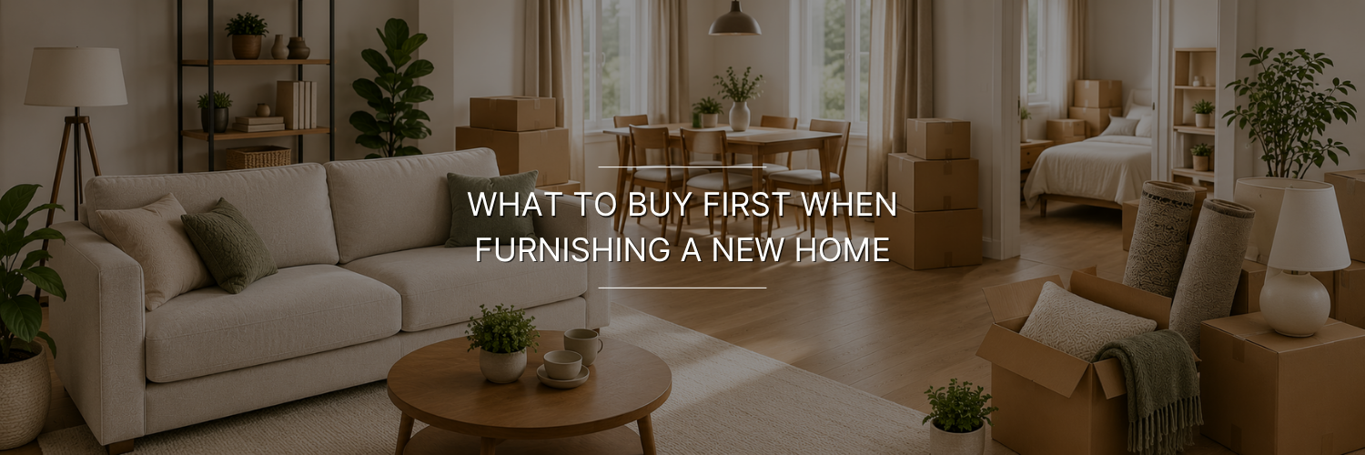 Bright new home interior with a sofa, dining table, bedroom, plants, and moving boxes.