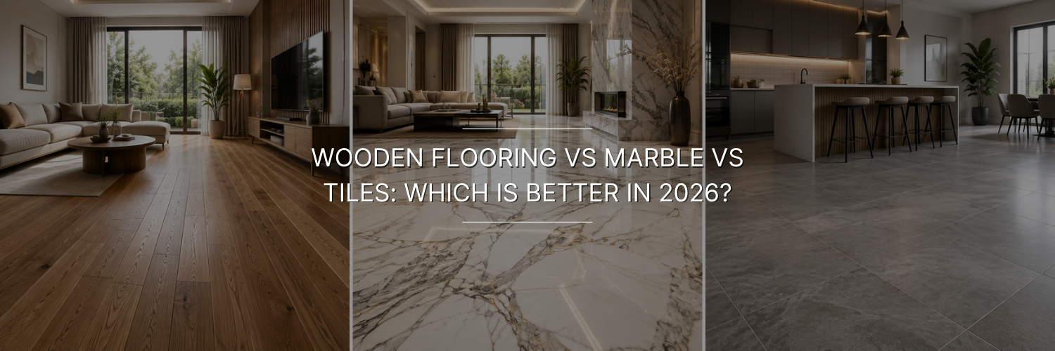 Three modern interiors comparing wooden flooring, marble flooring, and gray tile flooring.