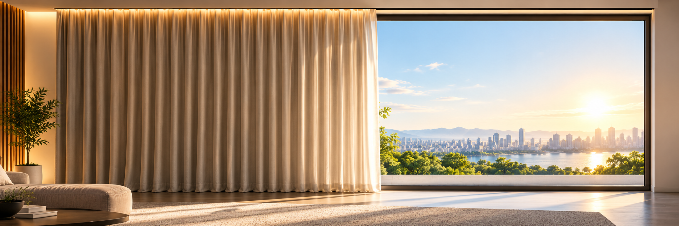 Modern living room with a single motorized curtain covering part of a large window overlooking a city skyline.