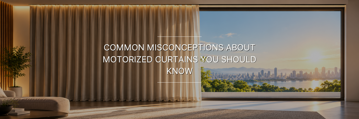 Modern living room with a single motorized curtain covering part of a large window overlooking a city skyline.