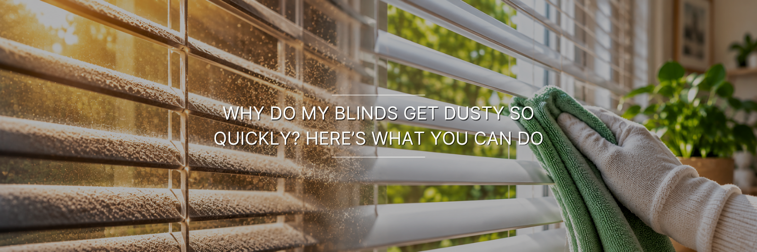 Dusty window blinds being wiped clean with a microfiber cloth, showing dust buildup and clean blinds.