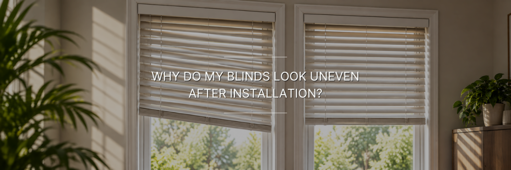Two side-by-side windows with white horizontal blinds in a sunlit room; the left blind hangs unevenly while the right blind is level, with green plants and warm neutral décor surrounding the windows.