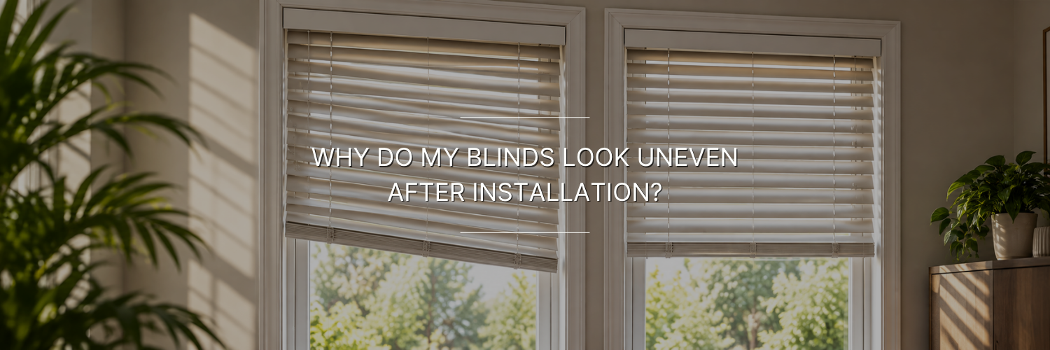 Two side-by-side windows with white horizontal blinds in a sunlit room; the left blind hangs unevenly while the right blind is level, with green plants and warm neutral décor surrounding the windows.