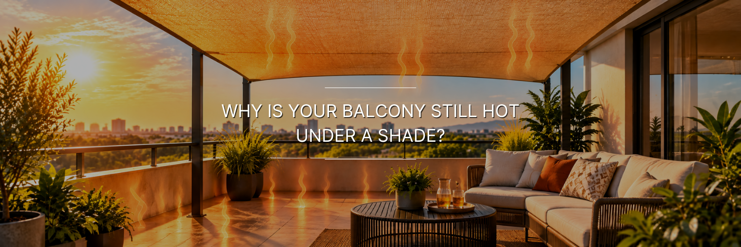 Modern balcony under a tan shade sail at sunset, with heat visibly rising from the warm tiled floor and canopy, surrounded by potted plants, outdoor seating, and a hazy city skyline.