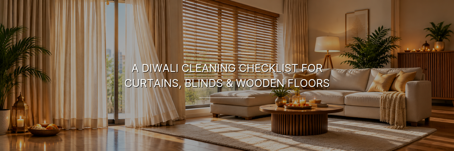 Luxury living room with cream curtains, wooden blinds, polished floors, and subtle Diwali decor.