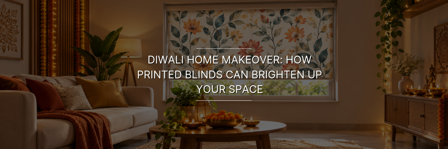 A cozy living room decorated for Diwali, featuring a single large window with floral printed roller blinds in orange, teal, and cream. A beige sofa with festive cushions, warm lighting, marigold garlands, indoor plants, brass diyas, and decorative lanterns create an elegant, festive atmosphere.