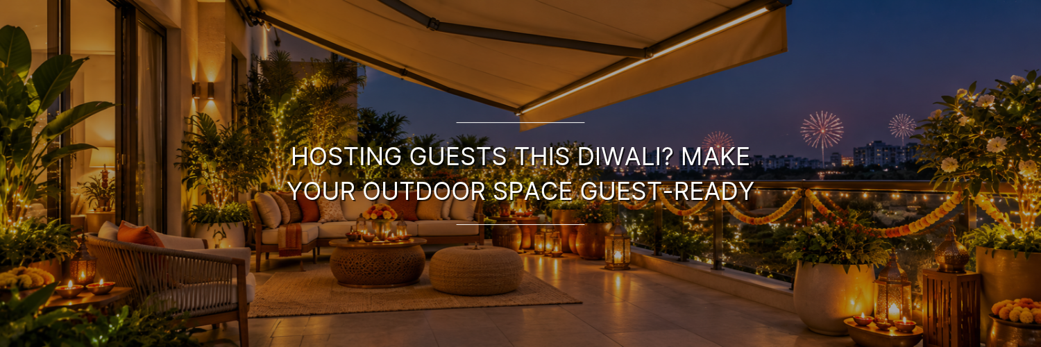 Diwali rooftop terrace glows with awning, lanterns and marigold garlands at dusk, overlooking the city; text invites guests to a festive outdoor space.