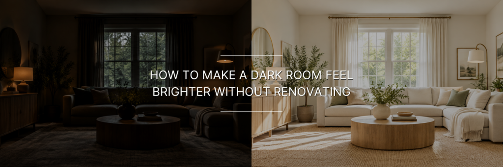 A split-screen living room showing a dark, moody space on the left and a brighter, airy version on the right, demonstrating ways to make a dark room feel brighter without renovation.