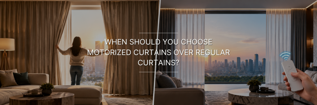 Split-screen modern living room showing regular curtains opened by hand on the left and motorized curtains controlled by a remote on the right, with city views through large windows.