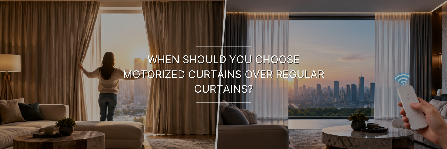 Split-screen modern living room showing regular curtains opened by hand on the left and motorized curtains controlled by a remote on the right, with city views through large windows.